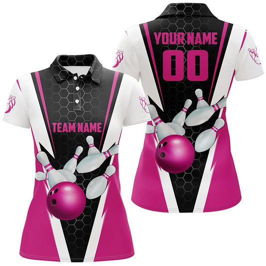 Personalisierte Pink Strike Bowling Polo Shirts für Damen, Bowling Team Trikots mit Namen und Nummer P5282 - Climcat