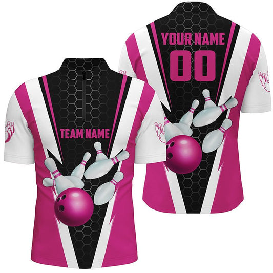 Personalisierte Pink Strike Bowling Quarter Zip Shirts für Herren, Bowling Team Trikots mit Name und Nummer P5282 - Climcat