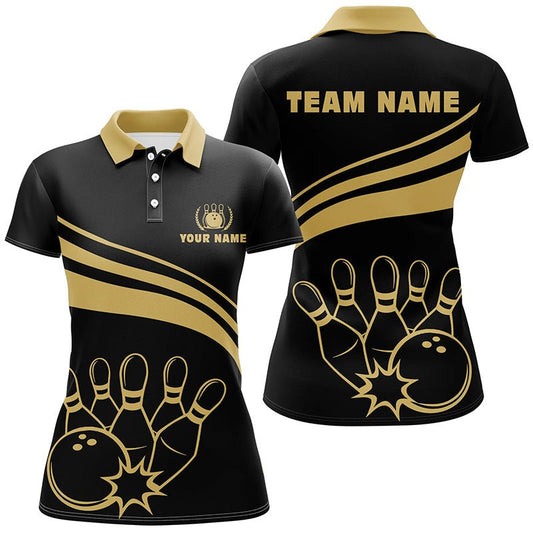 Personalisierte Polo-Bowling-Shirts für Damen, individuelle goldene Damen-Bowling-Shirts für Team-Bowl-Jersey | Schwarz Q6708 - Climcat