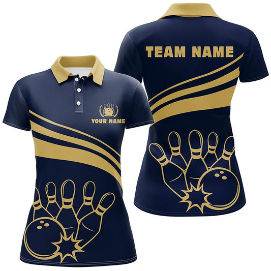 Personalisierte Polo-Bowling-Shirts für Damen, individuelle goldene Damen-Bowling-Shirts, Team-Bowl-Jersey | Marineblau Q6707 - Climcat