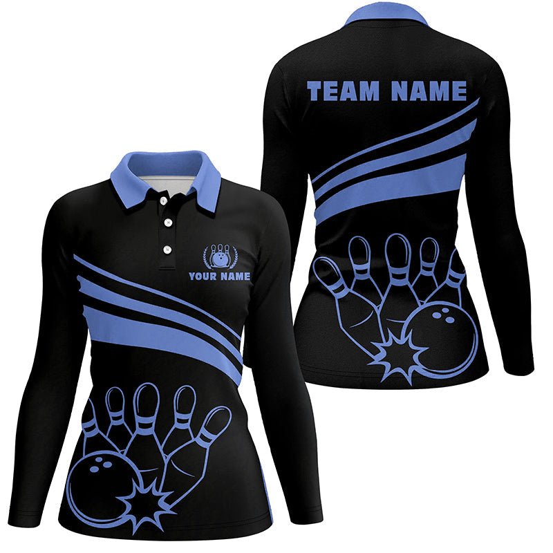 Personalisierte Polo-Bowling-Shirts für Damen, individuelle schwarze Damen-Bowling-Shirts, Team-Bowl-Jersey | Blau Q6924 - Climcat