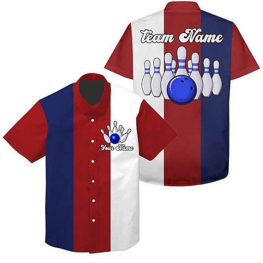 Personalisierte Retro Bowling-Hawaiihemden in Rot, Weiß und Blau - Individuell gestaltete Vintage-Teamhemden mit Knopfleiste Q6569 - Climcat