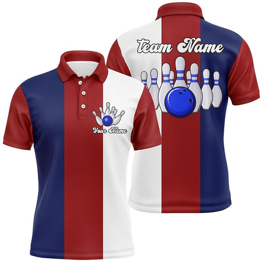 Personalisierte Retro Bowling Polo Shirts für Herren in Rot, Weiß und Blau - Individuelle Vintage Bowling Team Trikots Q6569 - Climcat