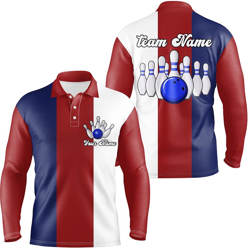 Personalisierte Retro Bowling Polo Shirts für Herren in Rot, Weiß und Blau - Individuelle Vintage Bowling Team Trikots Q6569 - Climcat