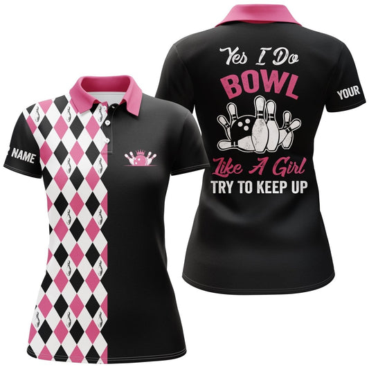 Personalisierte rosa Bowling-Shirts für Frauen mit individuellem Namen "Ja, ich spiele wie ein Mädchen. Versuch mitzuhalten!" Q4563 - Climcat