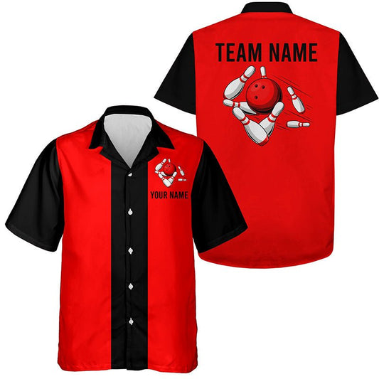 Personalisierte Rot Schwarze Retro Bowling-Hawaiihemden - Maßgeschneiderte Vintage-Teamhemden mit Knopfleiste Q6881 - Climcat