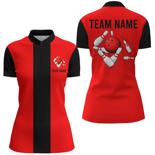 Personalisierte Rot Schwarze Retro Bowling Quarter Zip Shirt für Damen - Maßgeschneiderte Vintage Bowling Team Trikots Q6881 - Climcat