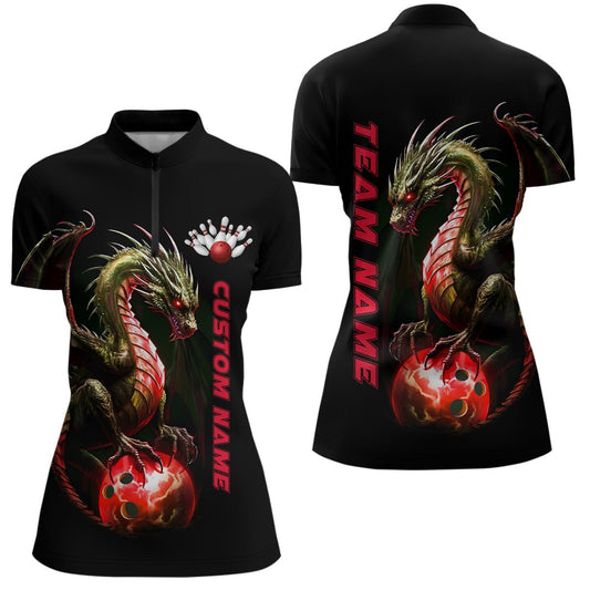 Personalisierte rote Drachen-Bowling-Team-Trikots Damen Viertelreißverschluss-Shirts Bowling-Liga-Shirts P5355 - Climcat