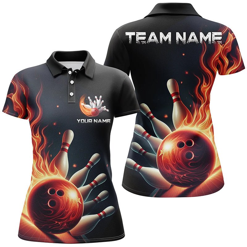 Personalisierte rote Flammen Bowling Polo Shirts für Damen Bowling Team Trikots Strike Bowling P5405 - Climcat