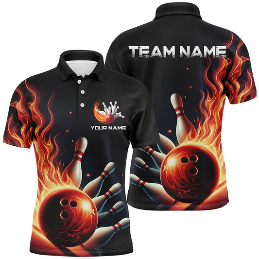 Personalisierte Rote Flammen Bowling Polo Shirts für Herren und Damen - Bowling Team Trikots - Strike Bowling P5405 - Climcat