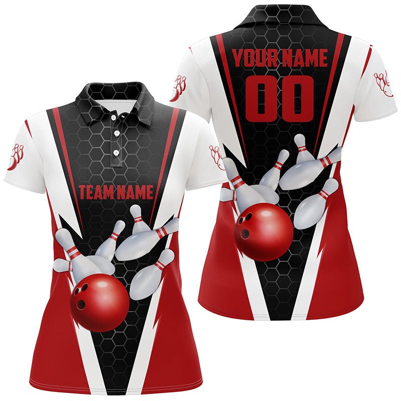 Personalisierte Rote Strike Bowling Polo Shirts für Damen, Bowling Team Trikots mit Name und Nummer P5280 - Climcat