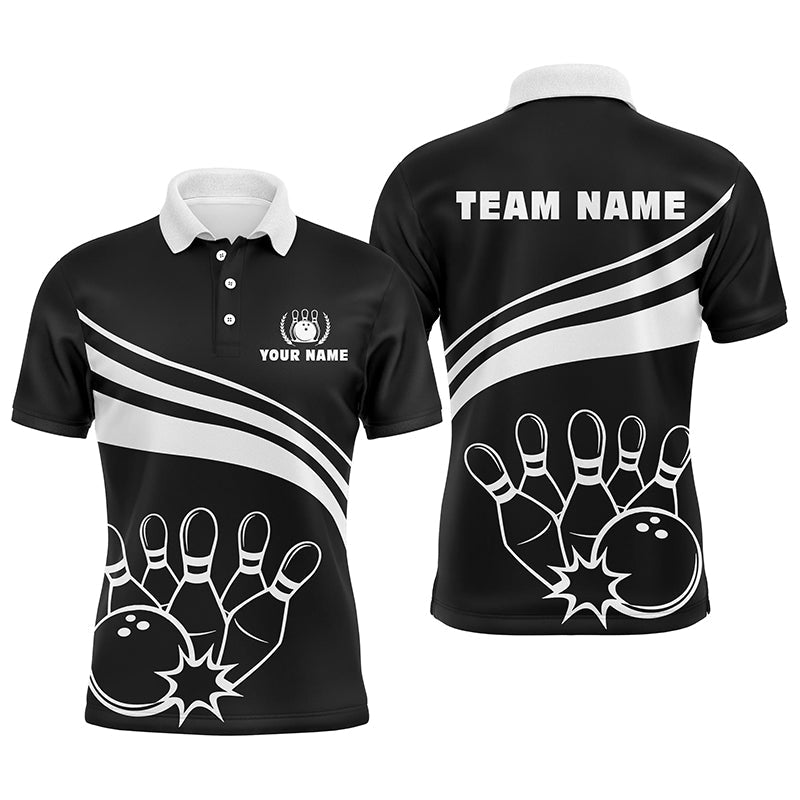 Personalisierte Schwarz-Weiß Bowling Polo Shirts für Herren, individuelles Herren Bowling Shirt Team Bowl Trikot Q6875 - Climcat