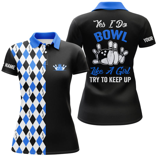 Personalisierte schwarze blaue Bowling-Shirts für Frauen mit individuellem Namen - Ja, ich bowle wie ein Mädchen, versuche mitzuhalten - Q4792 - Climcat