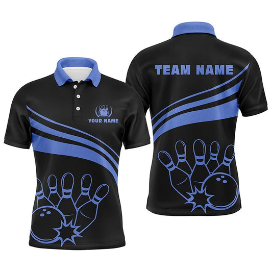 Personalisierte schwarze Bowling-Polo-Shirts für Herren, individuelle Herren-Bowlinghemden, Team-Bowlingtrikots | Blau Q6924 - Climcat