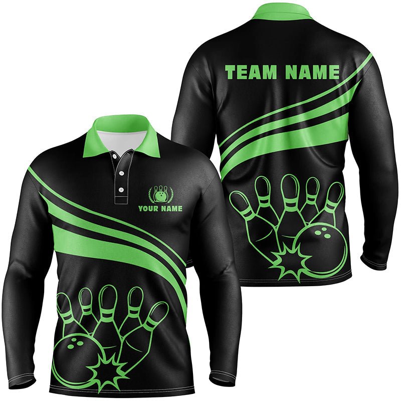 Personalisierte schwarze Bowling-Polo-Shirts für Herren, individuelle Herren-Bowlinghemden, Team-Bowlingtrikots | Grün Q6925 - Climcat