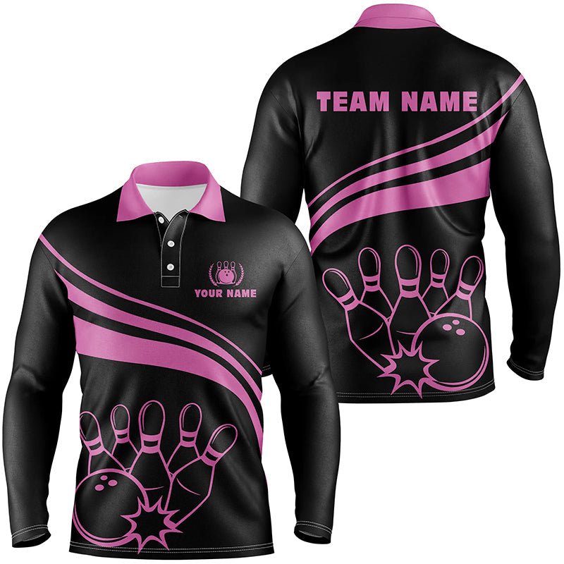 Personalisierte schwarze Bowling-Polo-Shirts für Herren, individuelle Herren-Bowlinghemden, Team-Bowlingtrikots | Pink Q6923 - Climcat