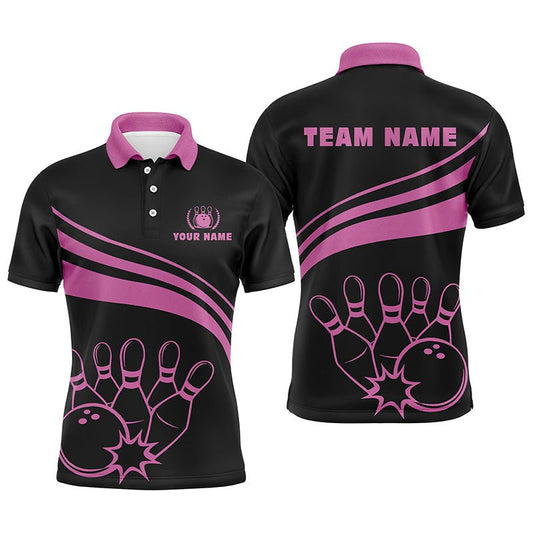 Personalisierte schwarze Bowling-Polo-Shirts für Herren, individuelle Herren-Bowlinghemden, Team-Bowlingtrikots | Pink Q6923 - Climcat