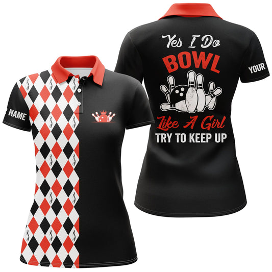 Personalisierte schwarze rote Bowling-Shirts für Frauen mit individuellem Namen - Ja, ich bowle wie ein Mädchen, versuche mitzuhalten - Q4791 - Climcat