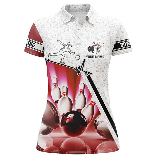 Personalisierte Tarnmuster Bowling Polo Shirts für Damen, Bowlingkugel Pins Individuelles Bowling Team Shirt | Pink Q5970 - Climcat