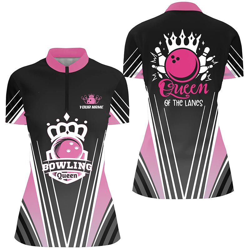 Personalisierte Viertel-Reißverschluss-Bowling-Shirts für Damen, Individuelles pinkes Bowling-Queen-Shirt, Königin der Bahnen Q4607 - Climcat