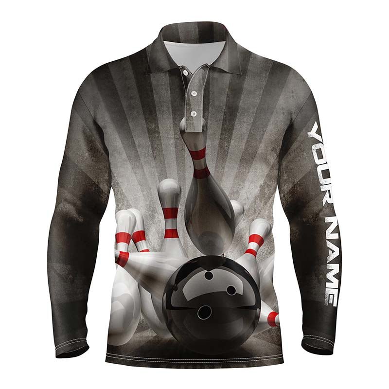 Personalisierte Vintage Bowling Shirts mit individuellem Namen in Schwarz für Herren - Bowling Polo Shirt mit Bowlingkugel und Pins Q4515 - Climcat