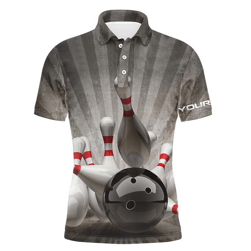 Personalisierte Vintage Bowling Shirts mit individuellem Namen in Schwarz für Herren - Bowling Polo Shirt mit Bowlingkugel und Pins Q4515 - Climcat