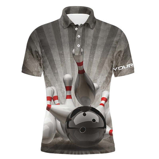 Personalisierte Vintage Bowling Shirts mit individuellem Namen in Schwarz für Herren - Bowling Polo Shirt mit Bowlingkugel und Pins Q4515 - Climcat