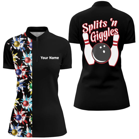 Personalisierte Vintage Damen Bowling Shirts Q5521 - Schwarze Viertel-Zip Shirts von Splits 'n Giggles - Climcat