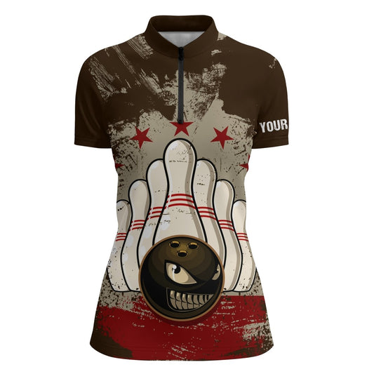 Personalisierte Vintage Quarter Zip für Damen mit individuellem Namen - Retro Bowling Quarter Zip Shirts für Bowlingteams (Q4580) - Climcat