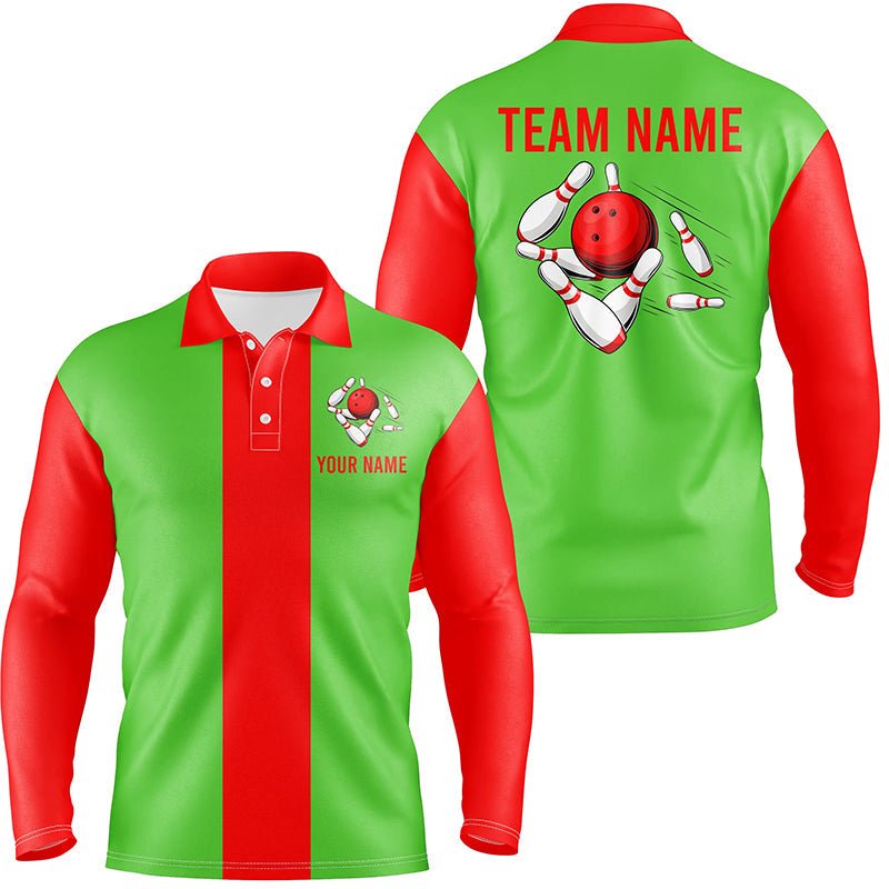 Personalisierte Weihnachts-Bowling-Polo-Shirts in Rot und Grün für Herren - Vintage-Bowling-Trikots für individuelle Bowlingteams Q6882 - Climcat