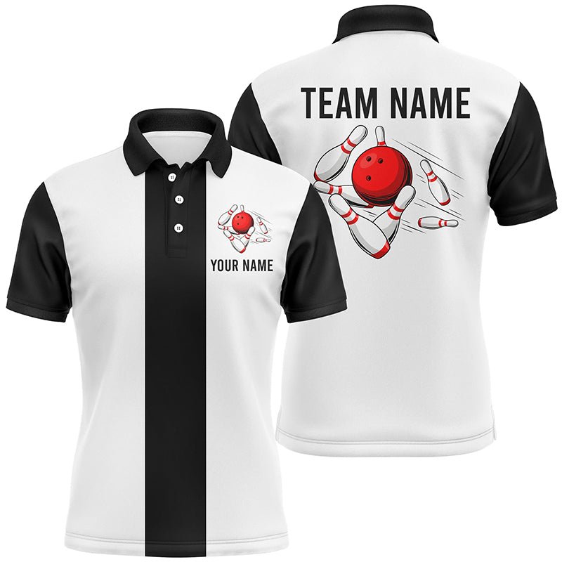 Personalisierte Weiße und Schwarze Retro Bowling Polo Shirts für Herren - Individuelle Vintage Bowling Team Trikots Q7001 - Climcat