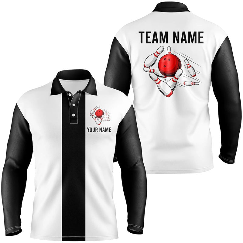 Personalisierte Weiße und Schwarze Retro Bowling Polo Shirts für Herren - Individuelle Vintage Bowling Team Trikots Q7001 - Climcat