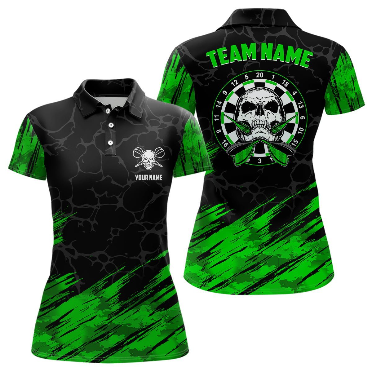 Personalisiertes 3D All Over Print Totenkopf Darts Polo Shirt Grün Schwarz Dart Trikots für Frauen LDT0646 B112 - Climcat