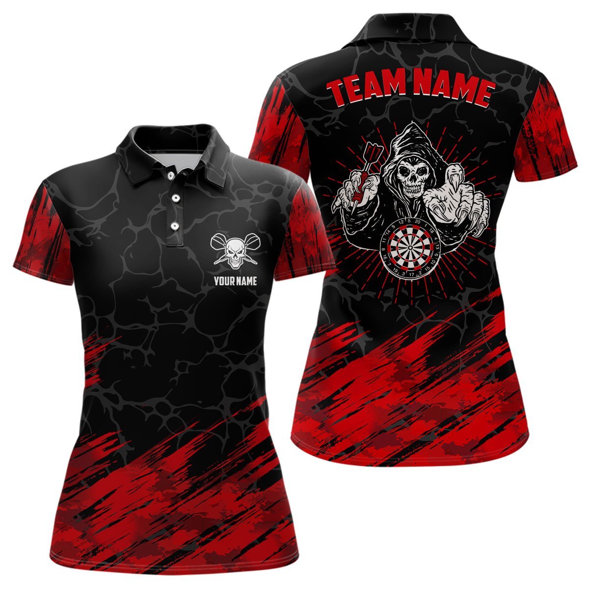 Personalisiertes 3D All Over Print Totenkopf Darts Polo Shirt Rot Schwarz Dart Trikots für Frauen LDT0647 U108 - Climcat