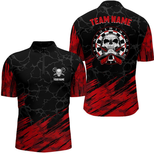 Personalisiertes 3D All Over Print Totenkopf-Darts-Quarter-Zip-Shirt in Rot und Schwarz, Dart-Trikots für Herren N707 - Climcat