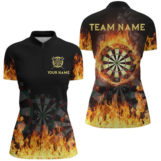 Personalisiertes 3D Feuerflammen-Darts-1/4-Zip-Shirt, individuell anpassbares cooles Darts-Team-Trikot für Frauen Q352 - Climcat