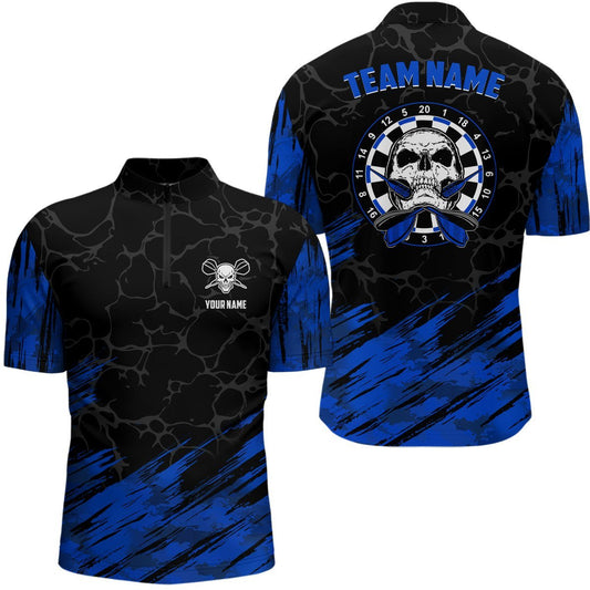 Personalisiertes All Over Print Dart-Shirt mit Totenkopf-Motiv, 1/4 Zip Dart-Trikot für Herren in Marineblau und Schwarz C279 - Climcat