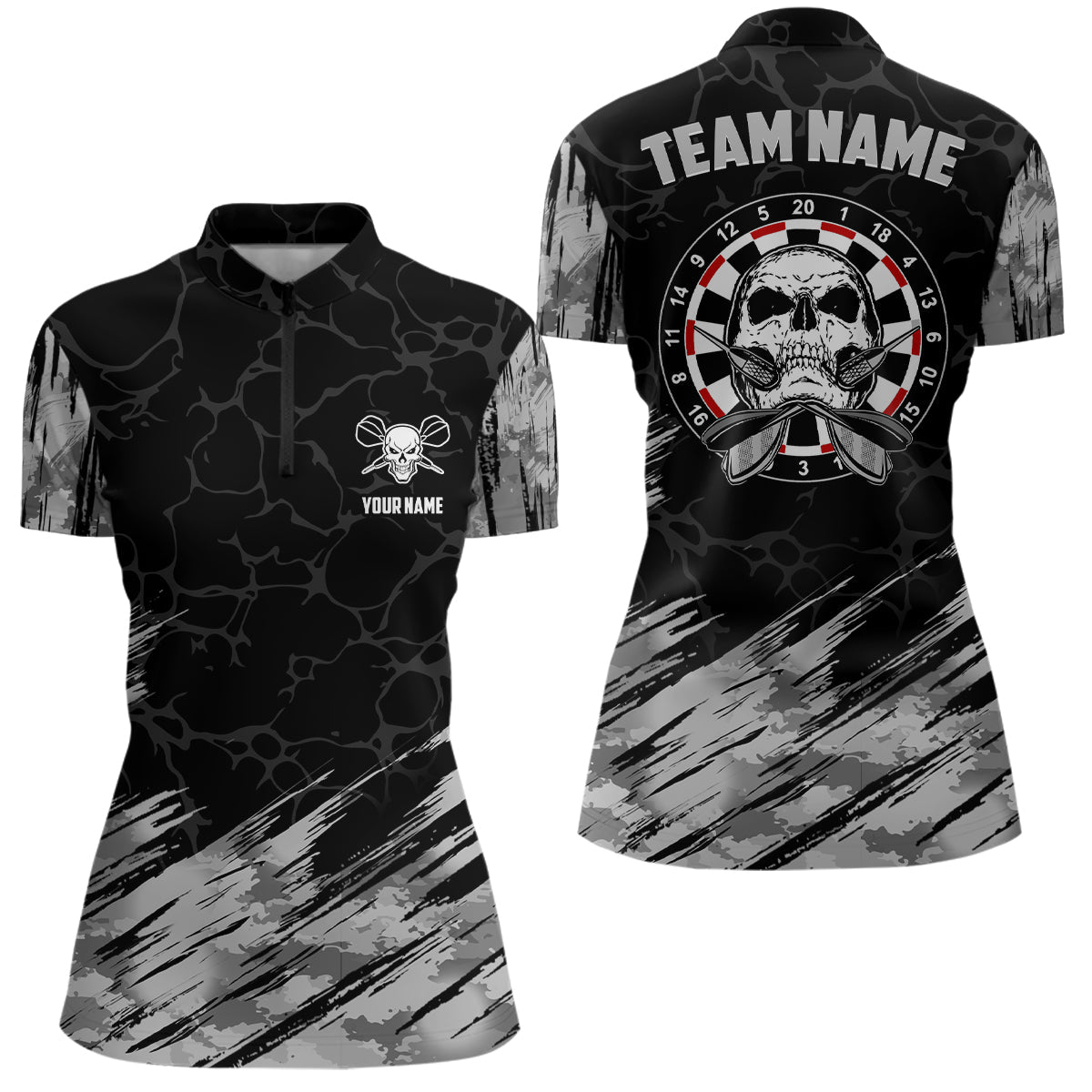 Personalisiertes All Over Print Dart-Shirt mit Totenkopf-Motiv, grau-schwarzes Dart-Trikot für Frauen O933 - Climcat