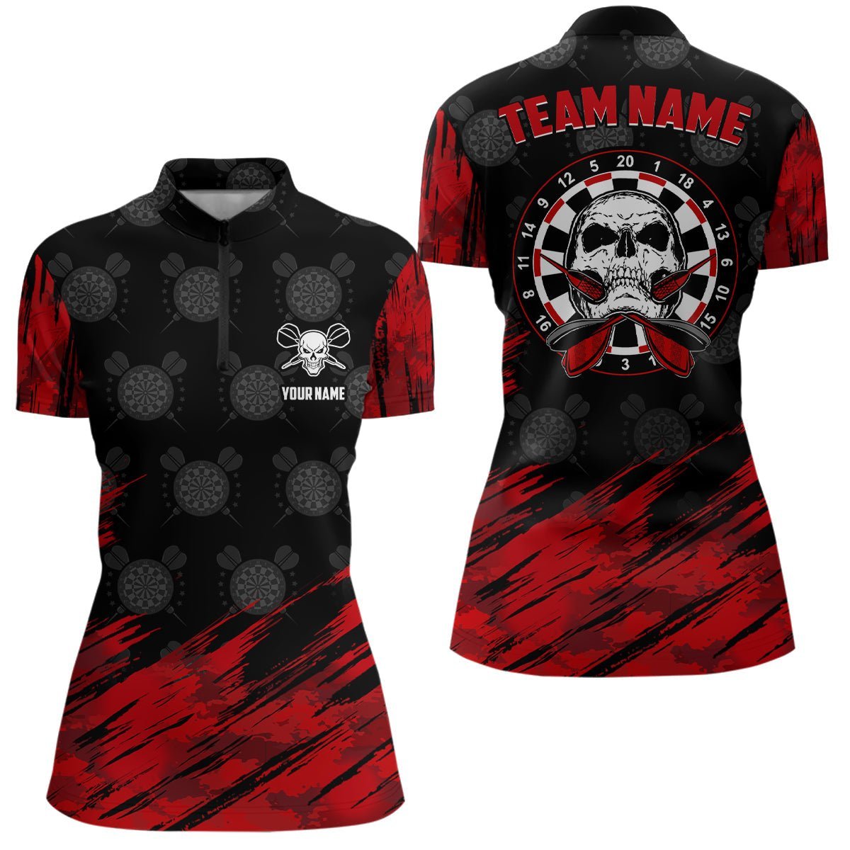 Personalisiertes All Over Print Dart-Shirt mit Totenkopf-Motiv, rote schwarze Dart-Trikots für Frauen S951 - Climcat