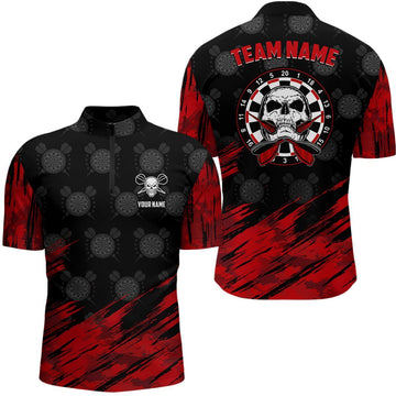 Personalisiertes All Over Print Dart-Shirt mit Totenkopf-Motiv, rotes und schwarzes Dart-Trikot für Herren V69 - Climcat