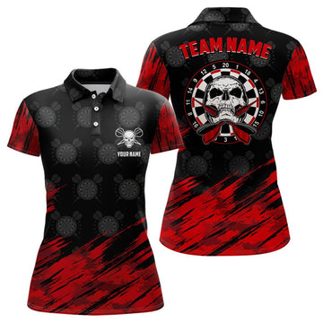 Personalisiertes All Over Print Skull Darts Polo Shirt in Rot und Schwarz, Dart Trikots für Frauen E936 - Climcat