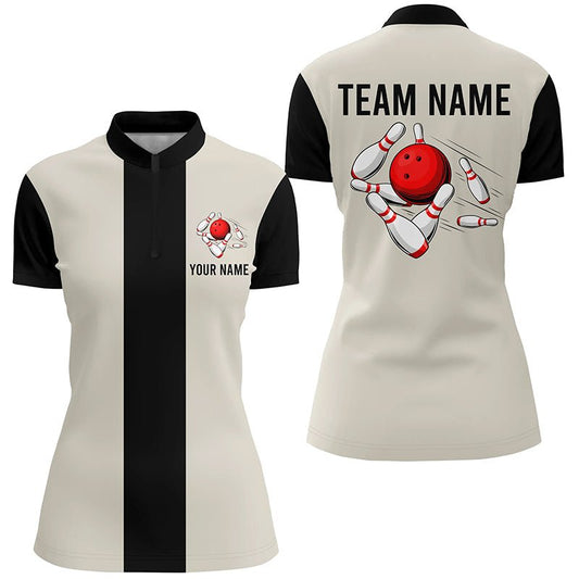 Personalisiertes Beige Schwarz Retro Bowling Quarter Zip Shirt für Damen - Maßgeschneiderte Vintage-Bowling-Teamtrikots Q7000 - Climcat