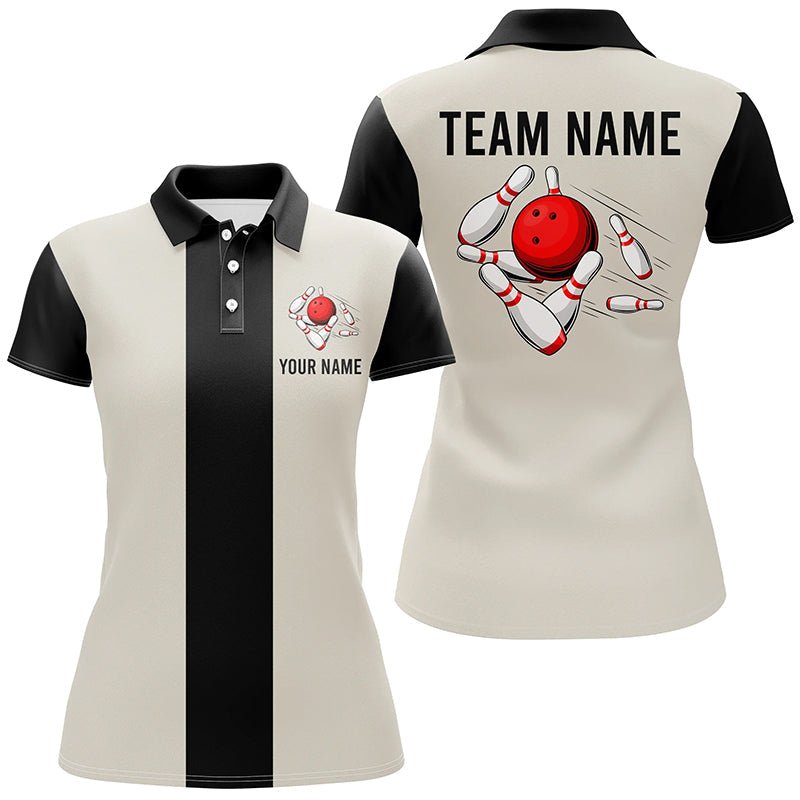 Personalisiertes Beige und Schwarz Retro Bowling Polo-Shirt für Damen - Individuelle Vintage-Bowling-Teamtrikots Q7000 - Climcat