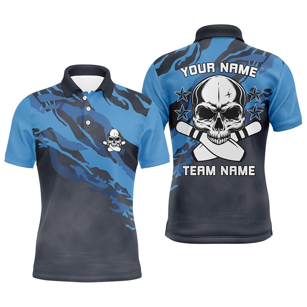 Personalisiertes blau Camo Skull Bowling Polo Shirt für Herren - Individueller Teamname - Männer Bowler Trikot Q6411 - Climcat