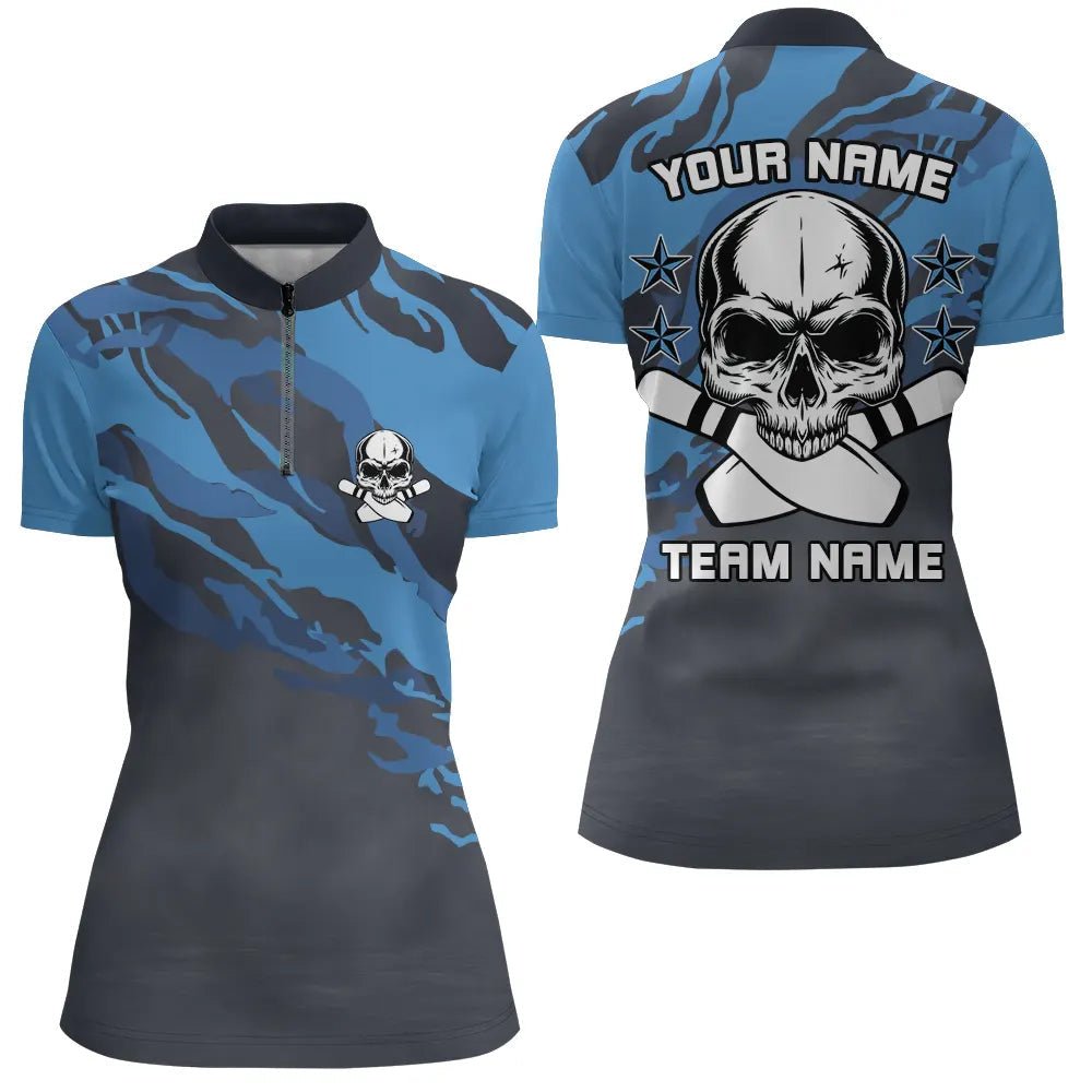 Personalisiertes blau Camo Skull Bowling Quarter Zip Shirt für Damen - Individueller Teamname - Bowler Trikot Q6411 - Climcat