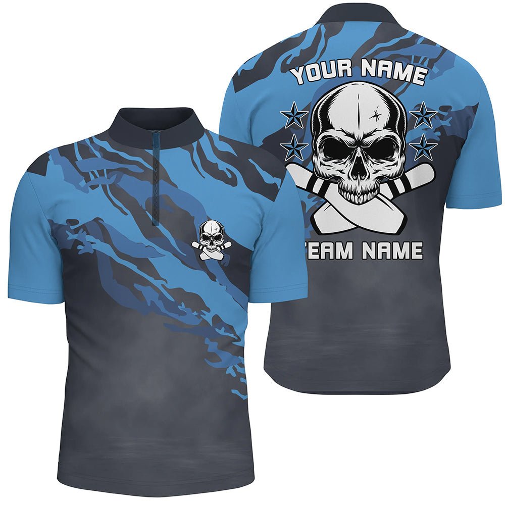 Personalisiertes blau Camo Skull Bowling Quarter Zip Shirt für Herren - Individueller Teamname - Bowling Trikot für Männer Q6411 - Climcat