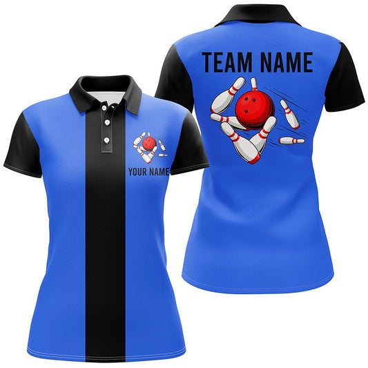 Personalisiertes Blau-Schwarzes Retro-Bowling-Polo-Shirt für Damen - Individuelle Vintage-Bowling-Teamtrikots Q6802 - Climcat
