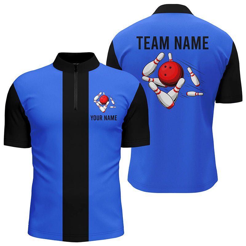 Personalisiertes Blau-Schwarzes Retro-Bowling-Quarter-Zip-Shirt für Herren - Individuelle Vintage-Bowling-Teamtrikots Q6802 - Climcat