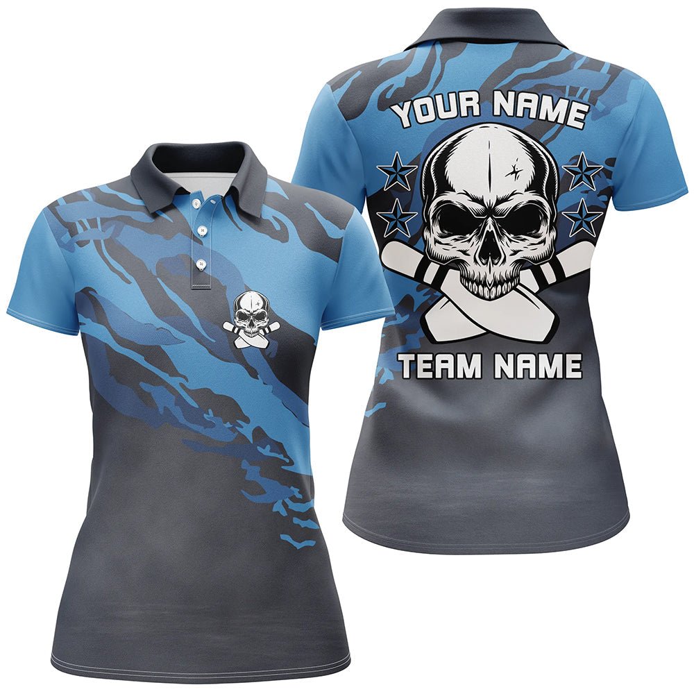 Personalisiertes blaues Tarnmuster Skull Bowling Polo Shirt für Damen - Individueller Teamname - Bowler Trikot Q6411 - Climcat