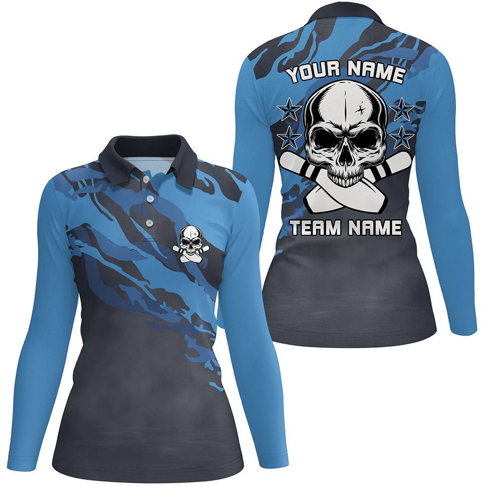 Personalisiertes blaues Tarnmuster Skull Bowling Polo Shirt für Damen - Individueller Teamname - Bowler Trikot Q6411 - Climcat